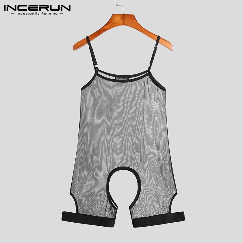 Men&#39;s Rompers Homewear Solid Color Comeforable Breathable Mesh Jumpsuit Sexy Leisure Leaky Sling Sleeveless Bodysuits S-5XL