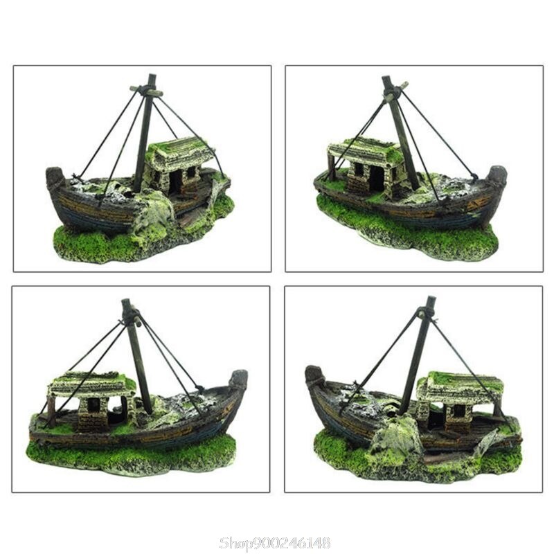 Decoración de acuario naufragio forma de barco rota ornamento de resina peces Ttank paisaje accesorios O09 20