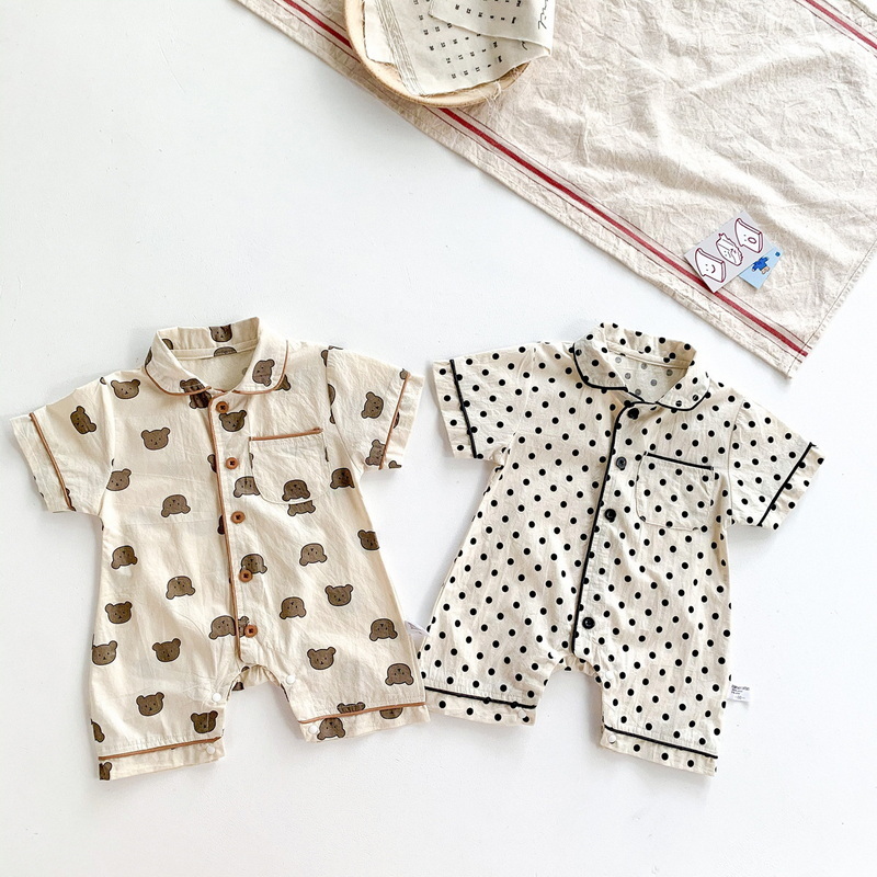 2022 Zomer Koreaanse Stijl Baby Meisje Jongen Romper Beer Dot Korte Mouwen Turn-Down Kraag Jumpsuit Kind Kleding e2375