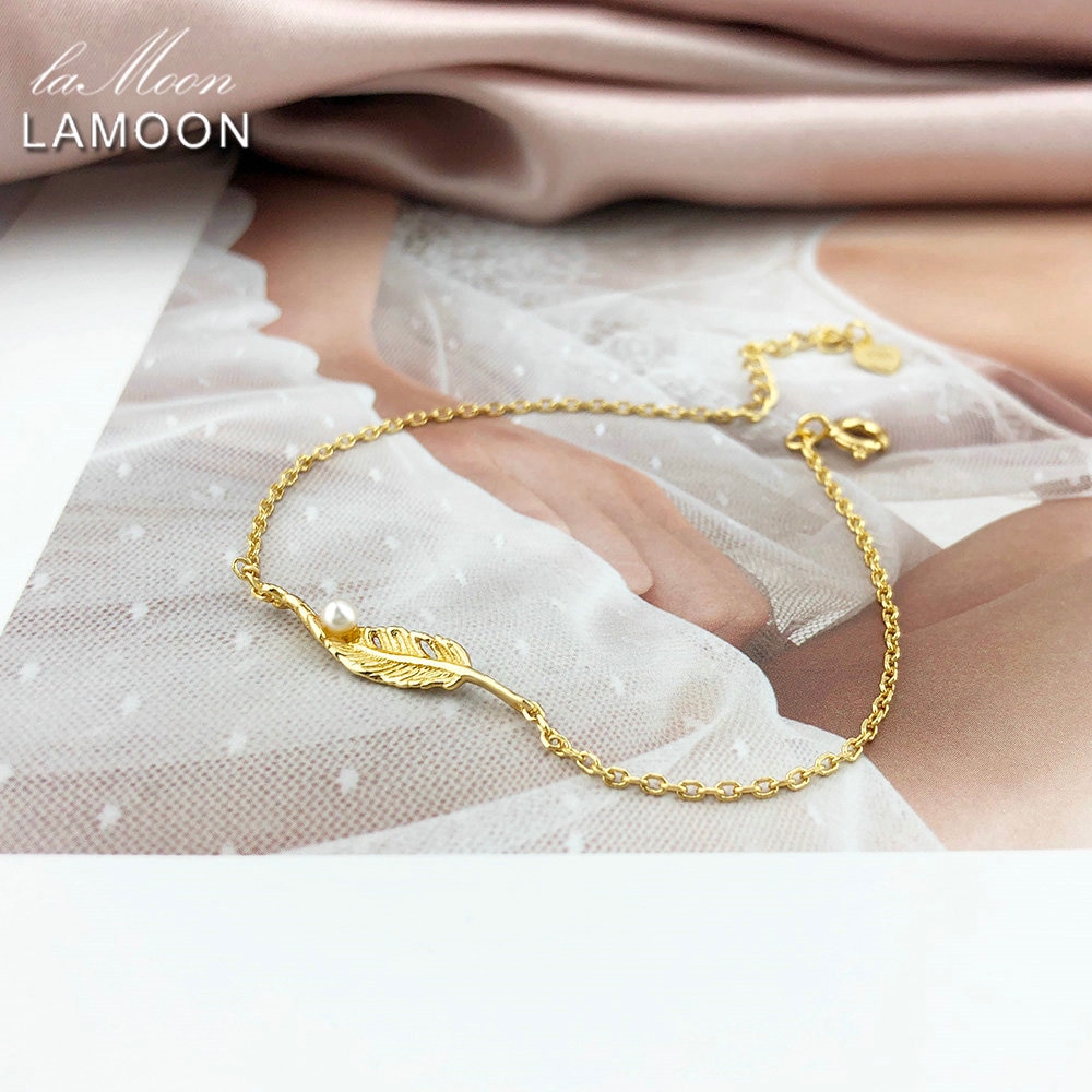 LAMOON-pulsera de perlas de agua dulce para mujer, brazalete de Plata de Ley 925, joyería fina chapada en oro de 14k, pluma LMHI063