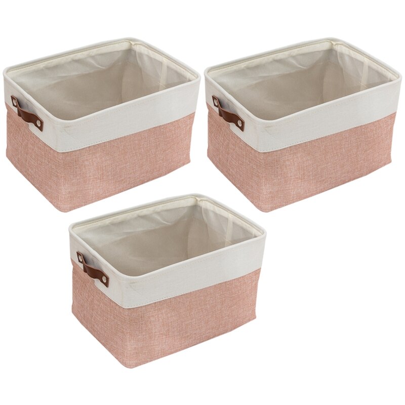 3 Pack Foldable Storage Bin Rugged Canvas Fabric Cube Container with Handles Great for Organizing Closets: white pink