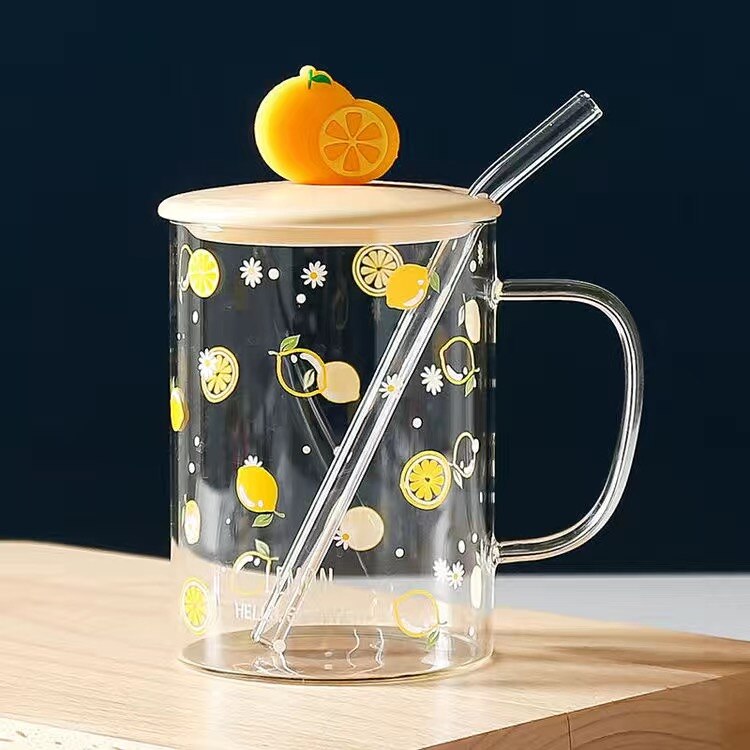 500ml glas vattenkopp mugg kontor kaffekopp hem vinglas söt frukt tryck silikon kopp lock #39 kopp porslin: Kopp lock sugrör 1