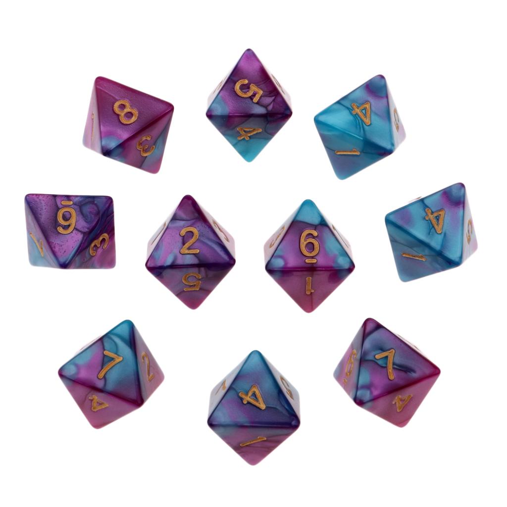 Set di dadi poliedrici da 10 pezzi Fantasy Dream Pearl Swirl dadi multi-faccia D8 per appassionati di DND RPG avventuriero: Purple Blue