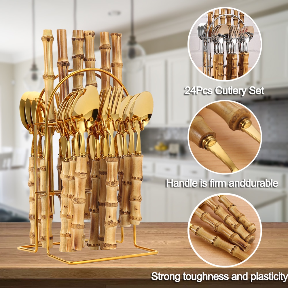 4-24Pcs Natural Bamboo Tableware Set Stainless Steel Includes Fork Knife Spoon Set Flatware With Box Dinnerware Cutlery Set