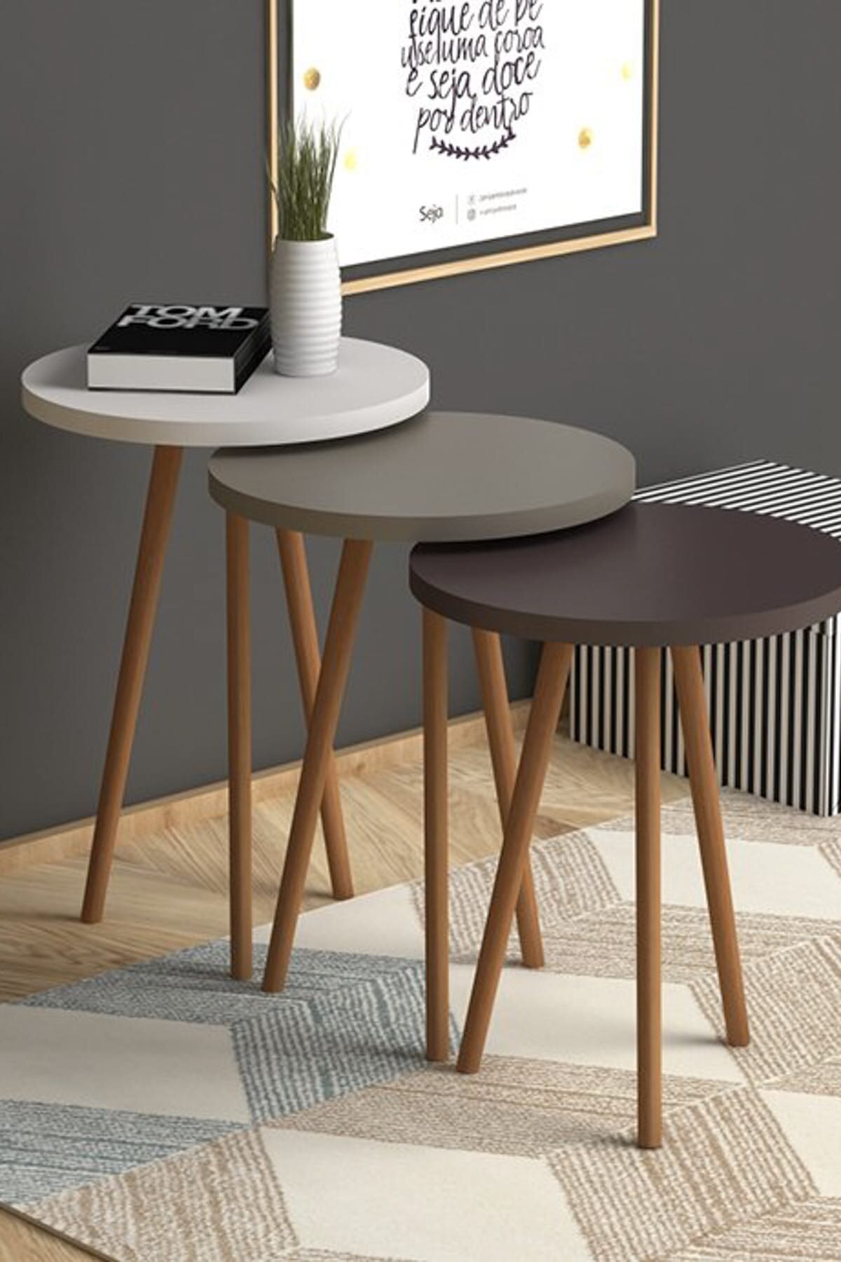 3 pièces table basse bois moderne canapé table d'appoint meubles de maison mignon salon chevet petite table ronde créative décor à la maison: white gray brown