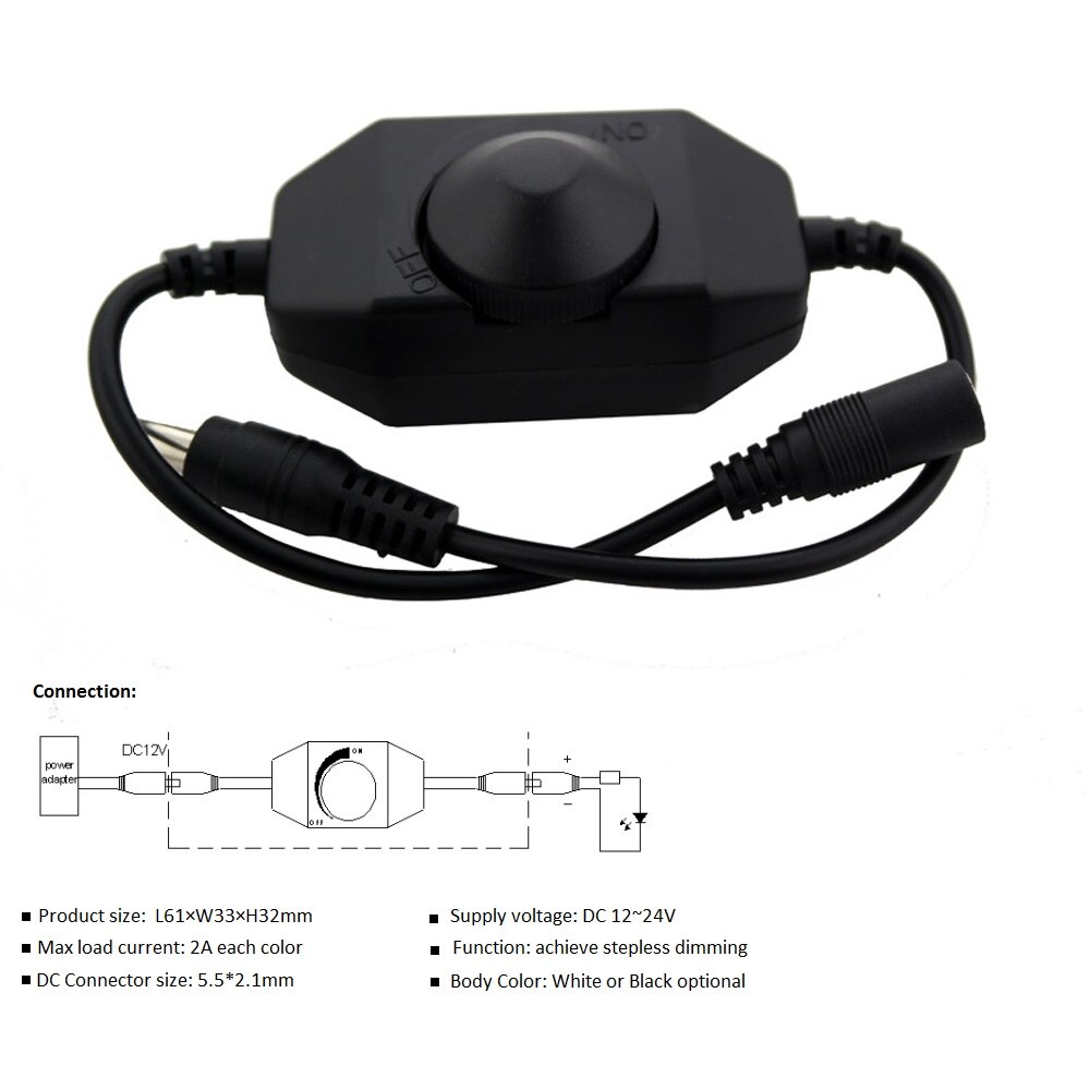 LED Dimmer 12V 2A 24W Knob LED Dimmer Inline Dimming Switch ON OFF for Single Color 2835 5050 COB LED Strip Light DC Dimer