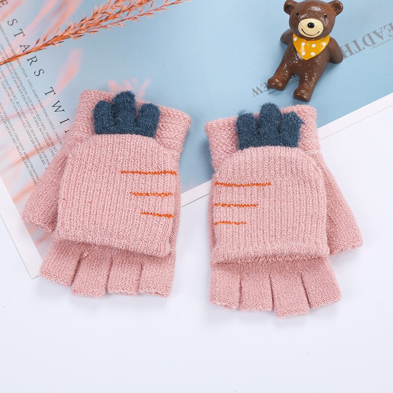 Winter children boys and girls wool gloves 1-5 years old children's knitted half-finger clamshell children's warm and cute 2ST5: pink