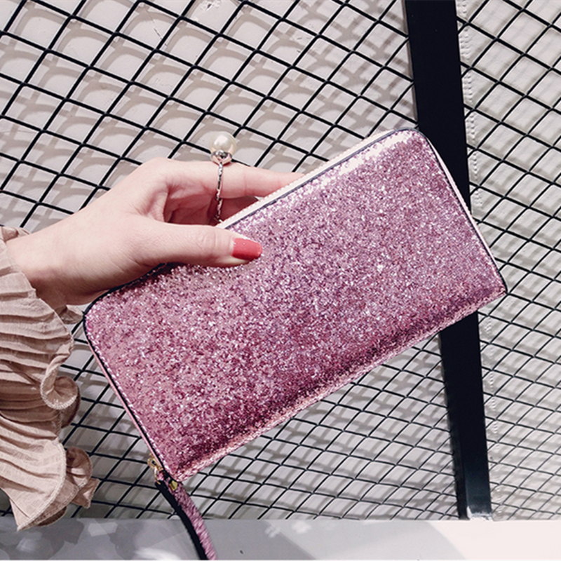 Moda legal lantejoulas carteira feminina carteira de mão longa brilhante bolsa de couro bolsa de armazenamento de cartão de crédito zíper glitter festa saco de armazenamento