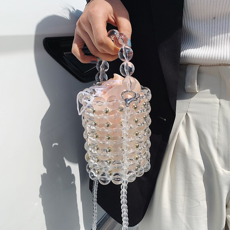 transparent Perlen Tote tasche Sommer Neue frauen Handtasche Mini Eimer tasche SchöNe Schulter Bote Tasche