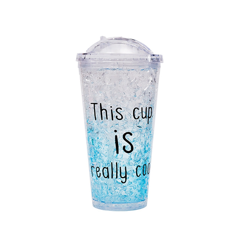 Newest Plastic Double-layer Juice Ice Cool Cup With Straw Cup Transparent Drinkware Cup 450ML: Blue