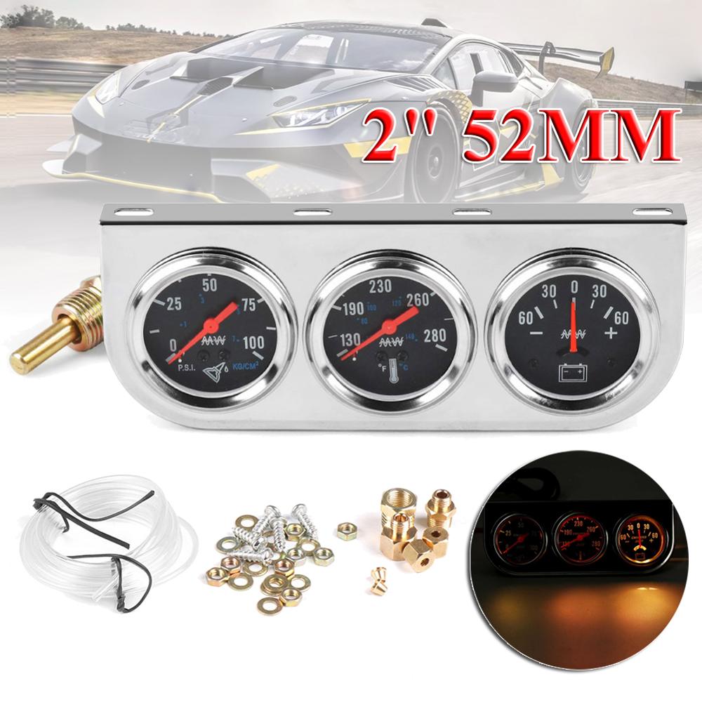 2inch 52mm Chrome Panel Oil Pressure Gauge Set 16" Gauge 0-80 PSI Water Temp Gauge Amp Meter Triple Gauge Set