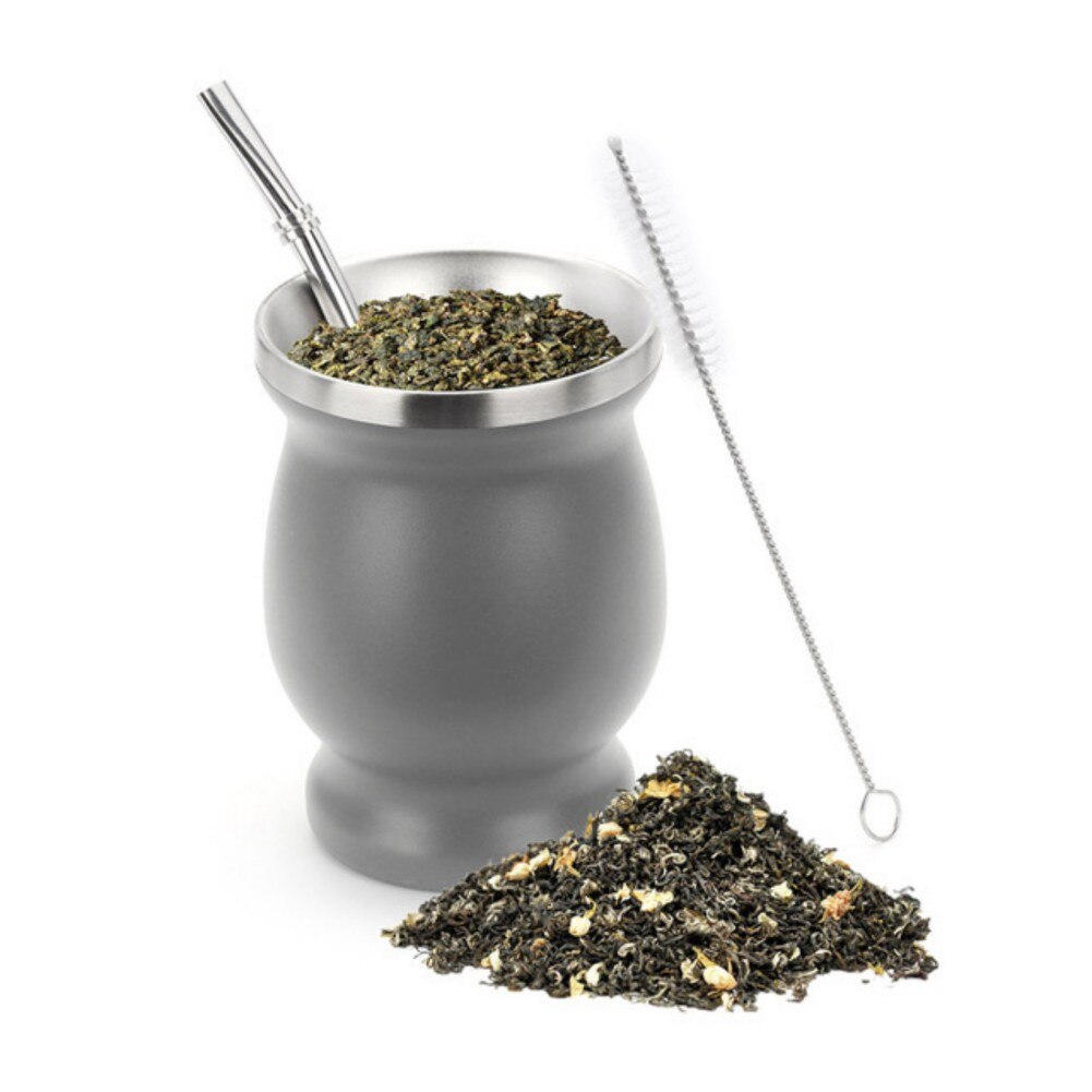 1 Set 230ML Bombilla Set Yerba Mate Gourd Stainless Steel Tea Cup with One Spoon and Brush Heat Insulation Anti Scalding: E