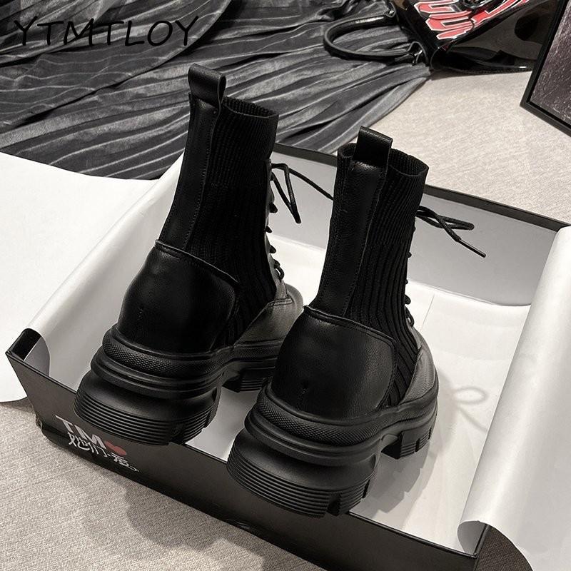 Autumn Winter Women Shoes British Style Handsome Wild Black Pu Basic Lace-up Round Toe Boots Cross-tied