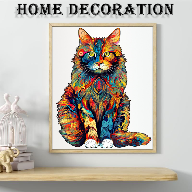 Rompecabezas de madera de arte de gato colorido: forma animal irregular única, alta dificultad, juguete para mejorar el cerebro