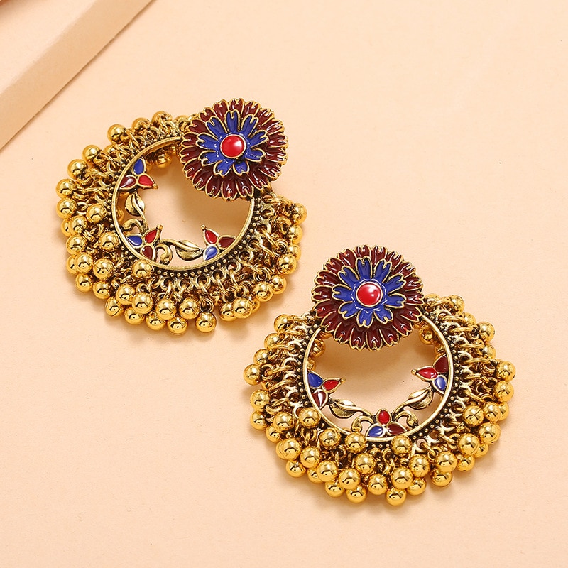 Ins Antique Gold Handmade Beads Enamel Blue Flower Indian Jhumki Jhumka Nepal Earrings Bohemia Party Jewelry