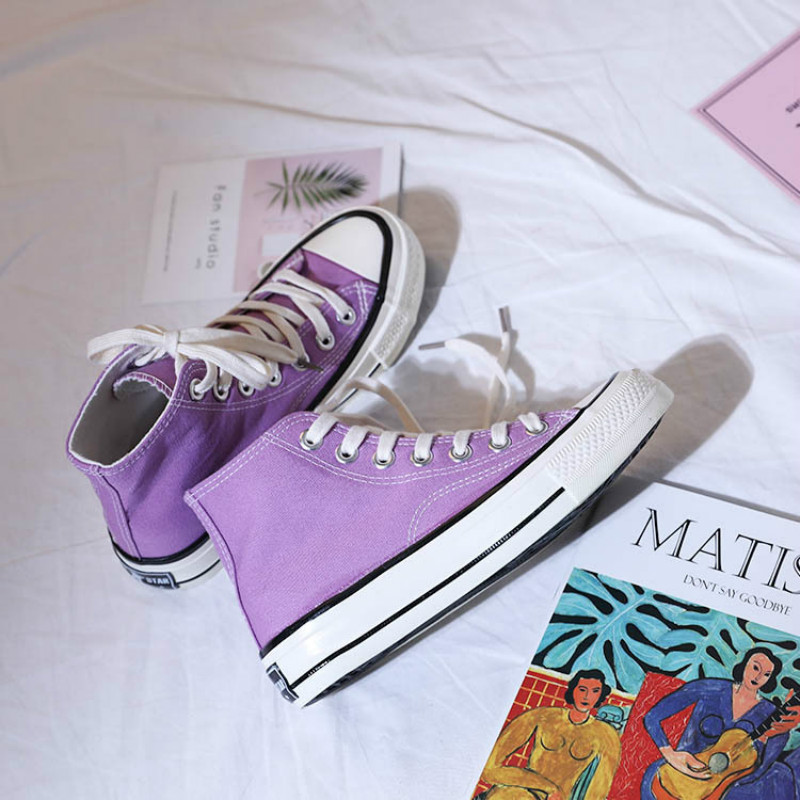 Flickskor avslappnad lavendel ljus lila vackra sneakers alla matchar enfärgad snörning platt klack canvas skor studenter 35-40