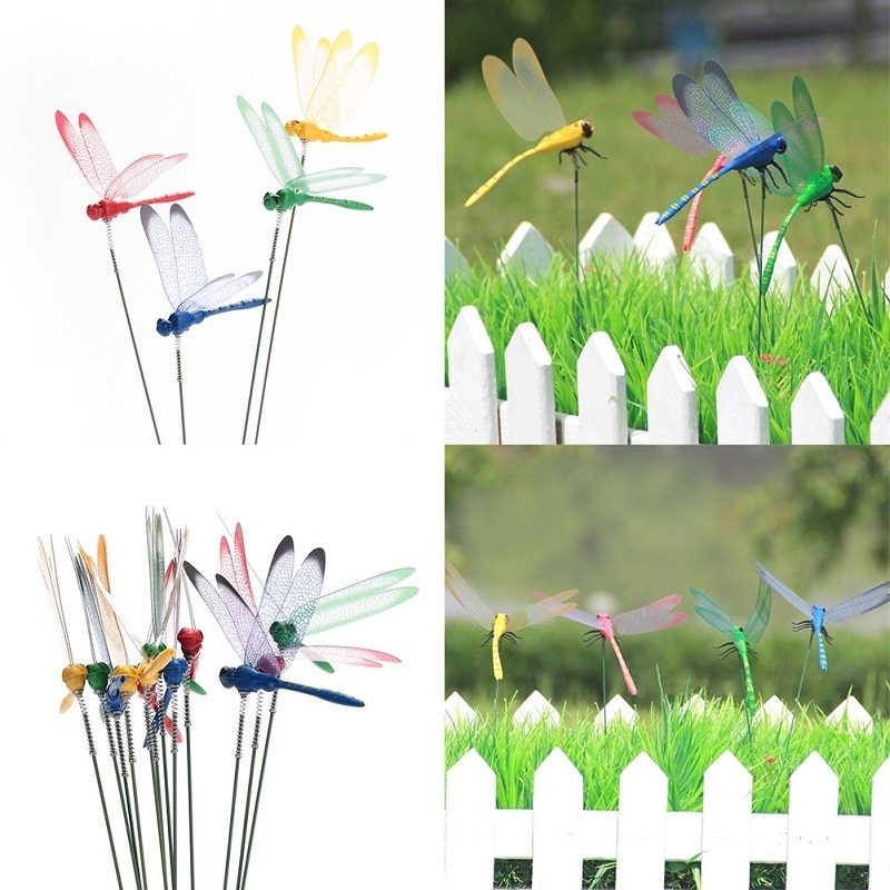 2PCS/lot DIY Artificial Dragonfly Garden Lawn Decorations 3D Simulation Dragonfly Yard Plant Lawn Decor Stick Random Color