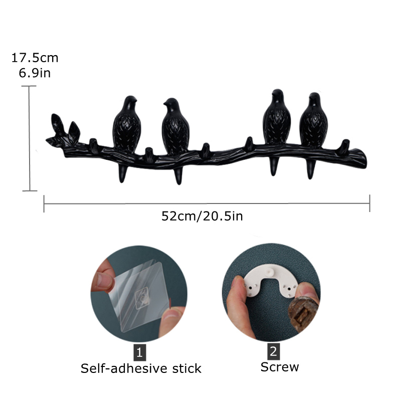 Perchero montado en la pared con ganchos para abrigos, sombreros, llaves, toallas, colgador artístico decorativo para puerta trasera, decoración de pájaros en ramas de árbol: Multicolor