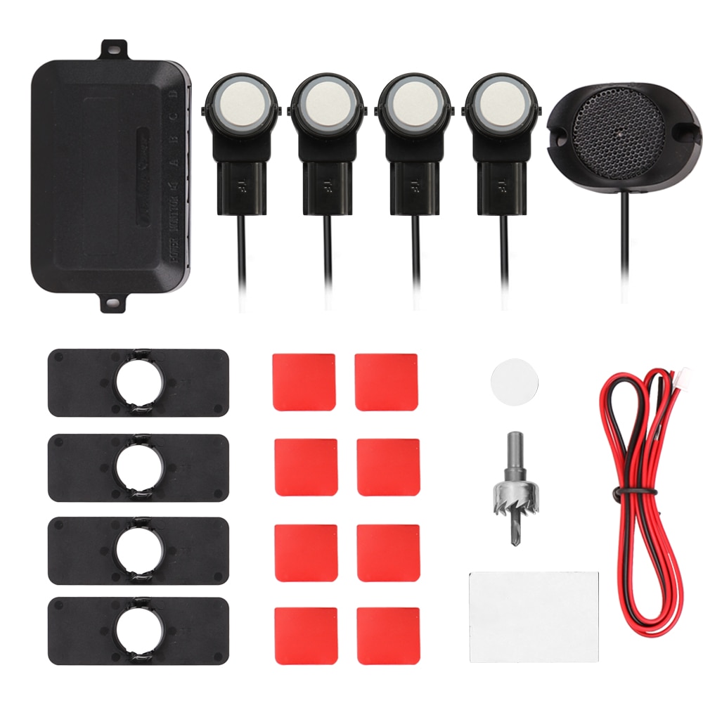 Car Parking Sensors System Parktronics 4pcs Flat Sensors Reverse Backup Radars Sound Buzzer Alarm Adjustable Sound