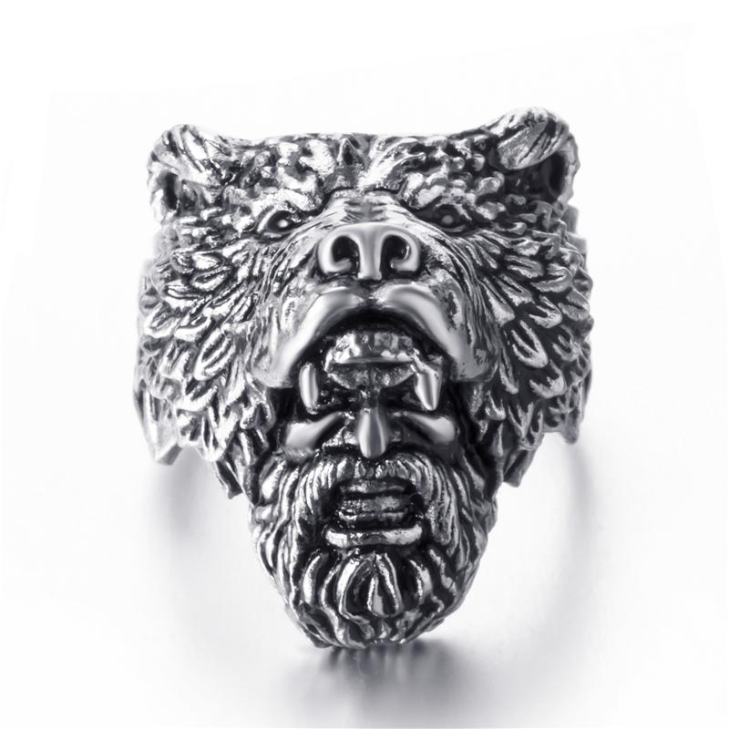 Elfasio Man Stainless Steel Ring Viking Bear Warrior Titanium Silver Black Punk Biker Rings SIze 7-14: 8 / SIlver