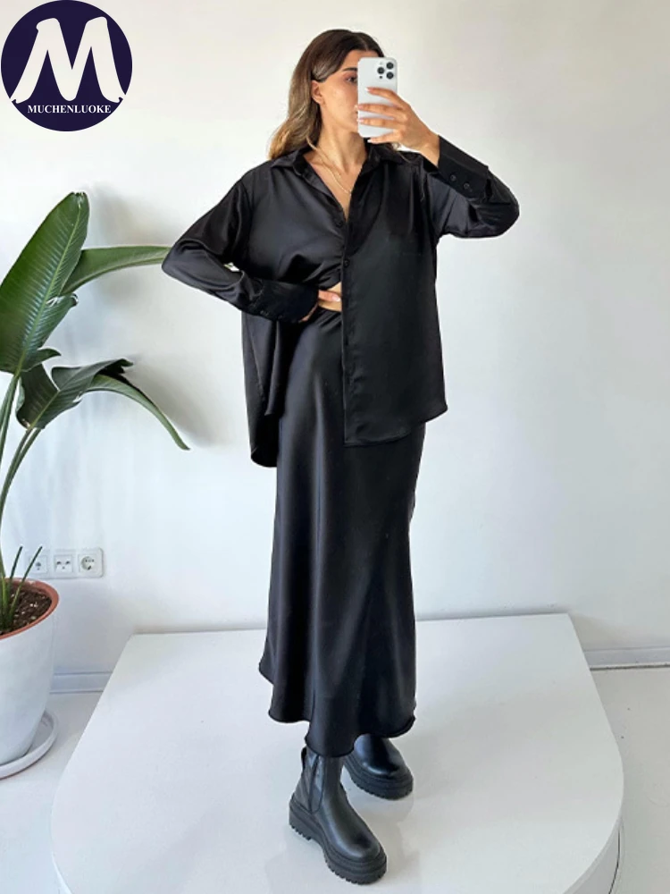 Women's Long Sleeve Shirt Tops Suits Slim Fit Large Swing Dress Set Casual Loose Spring Summer 2 Pcs