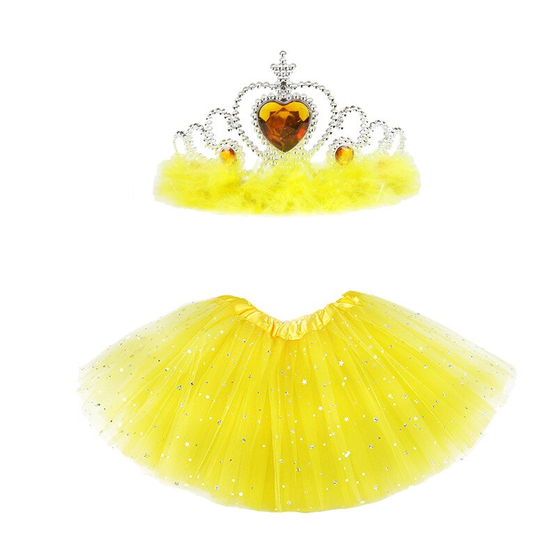 Baby nederdel pige prinsesse tyl nederdel ballet dance party mini med krone solid ball kjole stjerne print sommer 2 stykker pandebånd: Gul