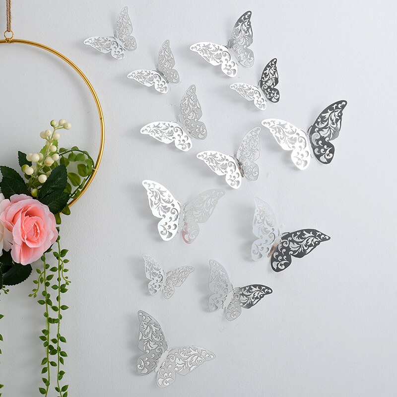 Autocollant mural papillon ajouré 3D, 12 pièces/ensemble, or argent, Rose, décoration de mariage, décor de salon, de maison: Silver B