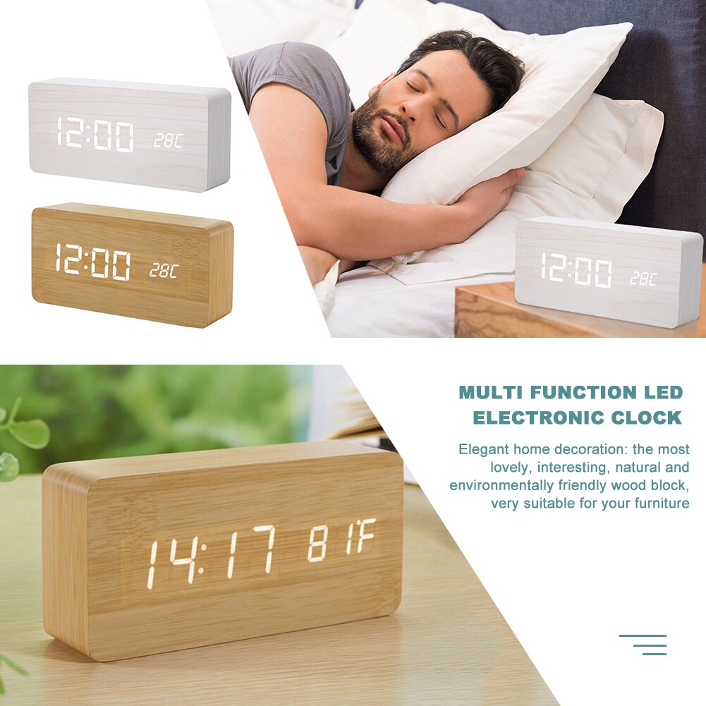 Electric LED Wooden Alarm Clock Multifunction Voice Control Digital Clock Large Number Temperature Desktop Display Clock for Off