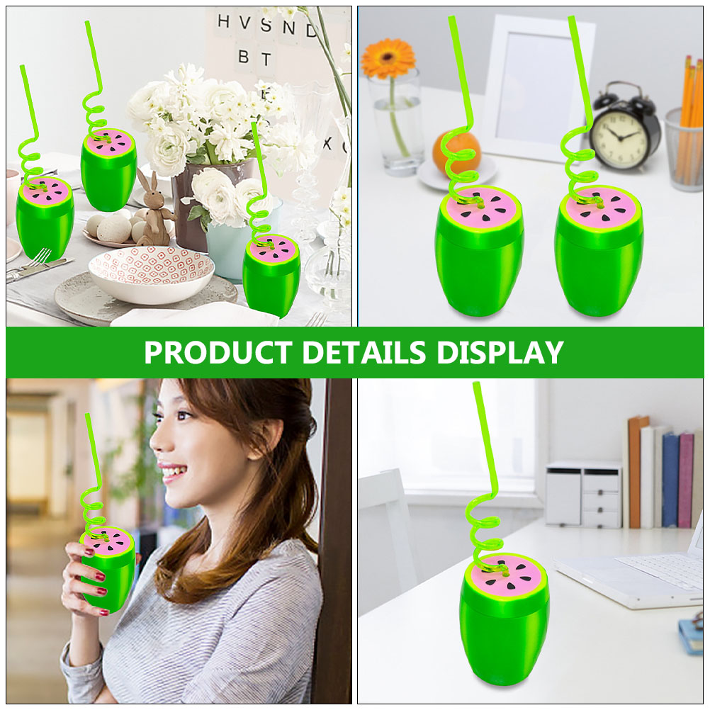 2 Sets Plastic Watermelon Cup Portable Cup with Straw (Green)