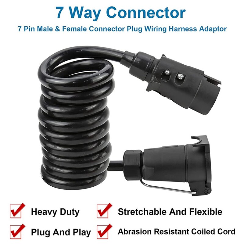 3 Meters 7Pin Trailer Extension Coiled Cable with Trailer Plug Socket Connector, 7 Core RV Electrical Cable Connector