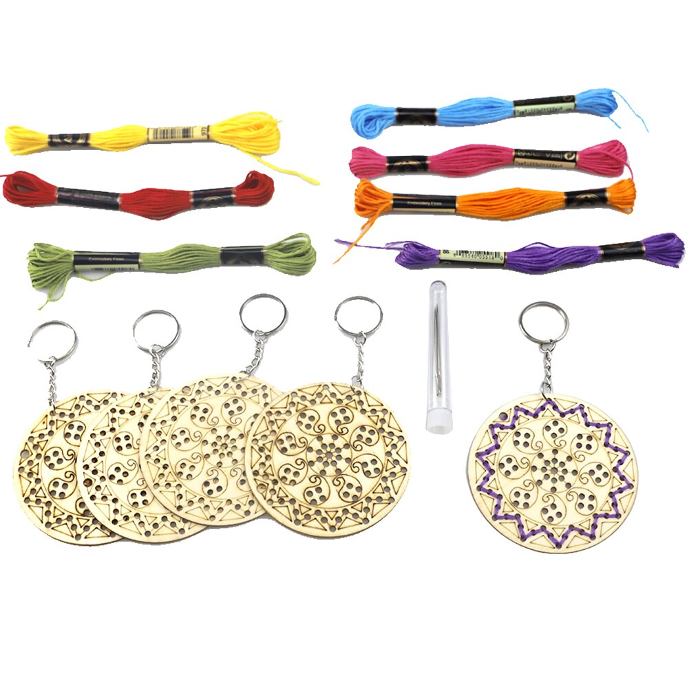 5pcs Keychain DIY Wooden Blank Keychain Slices Sheep Shaped Embroidery Cross Stitch Hanging Ornament Pendants Craft Kids: 04