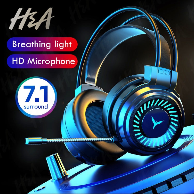 H & A Gaming Headsets Gamer Hoofdtelefoon Surround Sound Stereo Bedrade Koptelefoon Usb Microfoon Kleurrijke Licht Pc Laptop Game Headset
