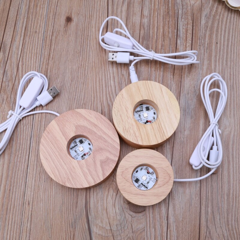 Handmade Resin Art Wood Round LED Display Base Colorful Light Wooden Night Base Resin Display Ornament Stand DIY Crafts