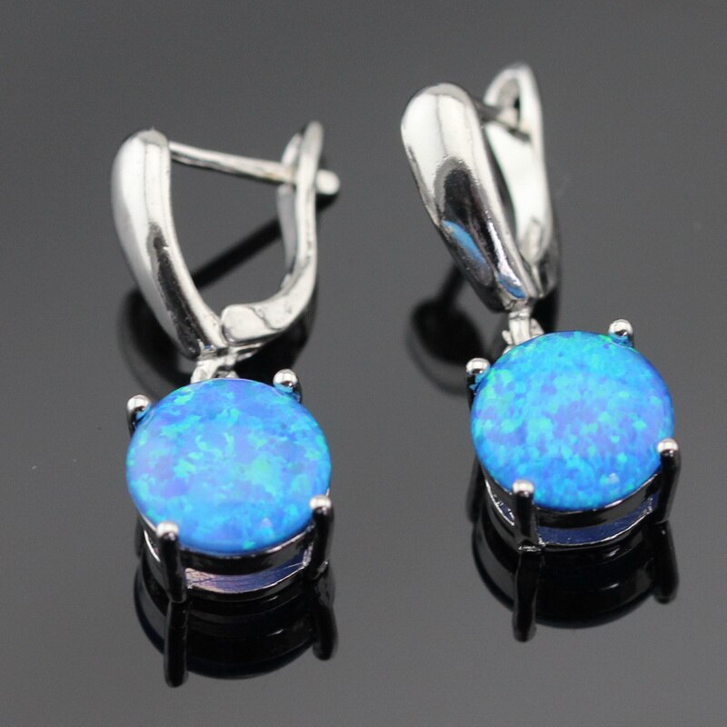 Ronde Australië Fire Blue Opal 925 Sterling Zilveren Sieraden Sets Voor Vrouwen Bruiloft Ketting Hanger Oorbellen Ringen Box