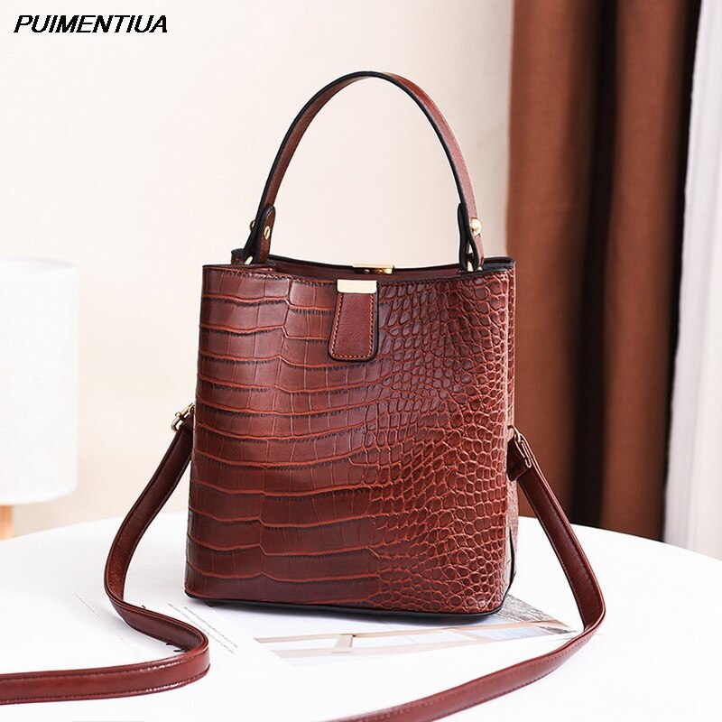 Puimentiua Retro Emmer Zakken Vrouwen Patroon Handtas Hoge Capaciteit Casual Krokodil Schouder Messenger Bags Dames Pu Portemonnee: brown