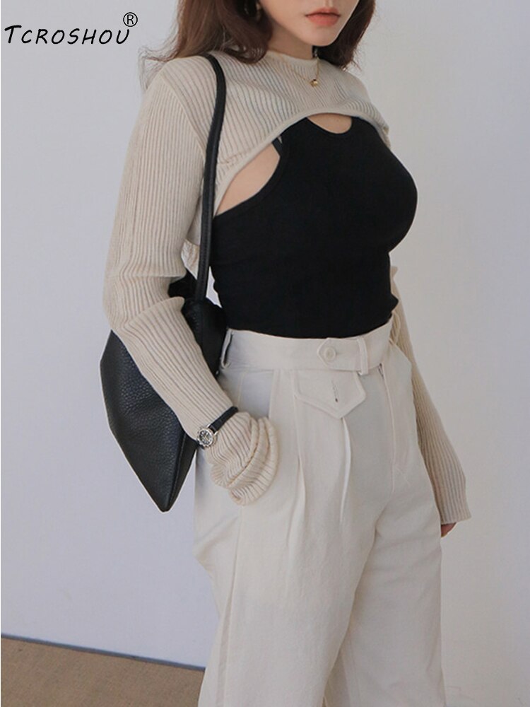 Ourlet irrégulier, col rond, pull, tricot court, pull, gilet, dames automne style, personnalité, polyvalent, haut, mince