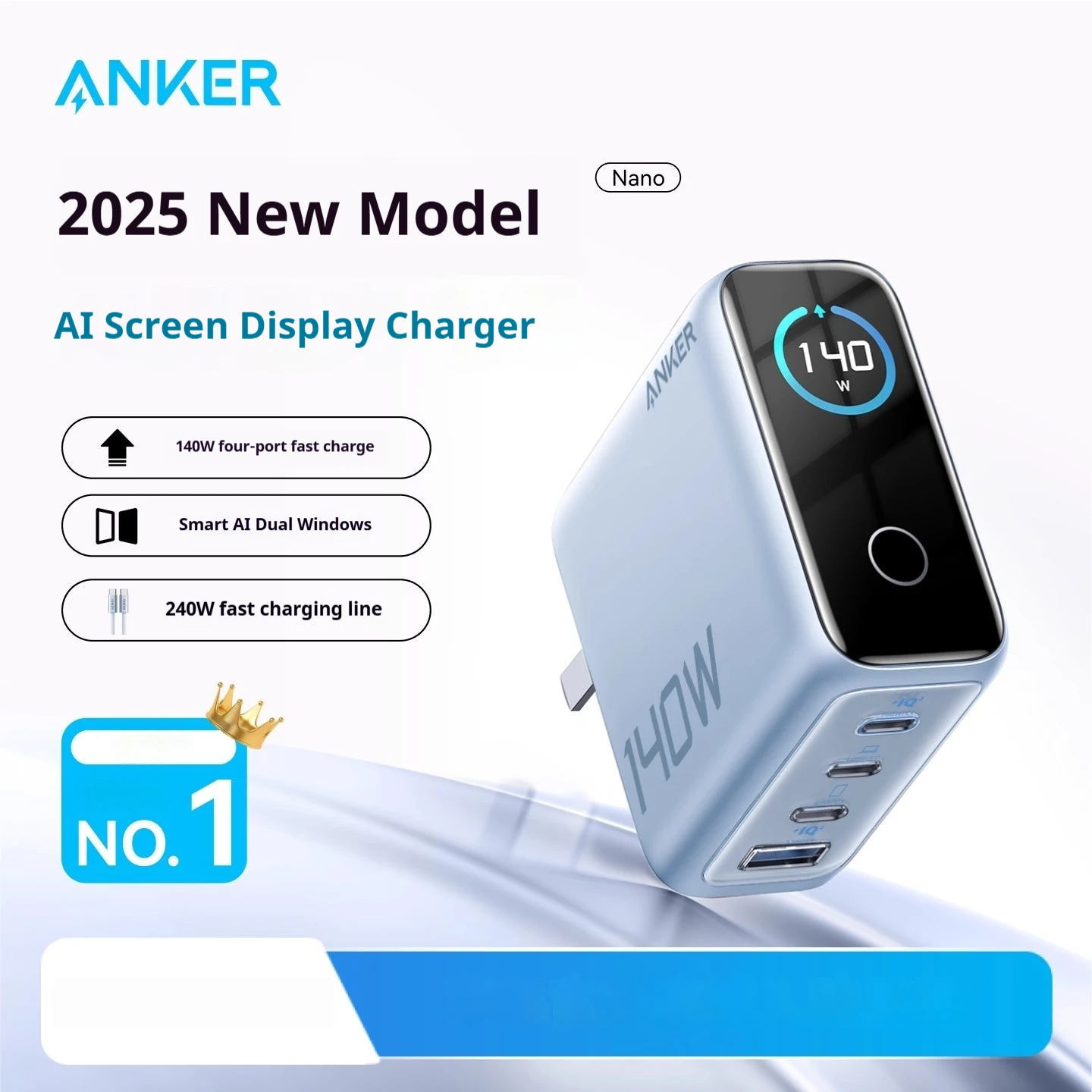 Anker zolo gan oplader ai-display scherm 140w vierpoorts snellader voor mobiele telefoons draagbare telefoonvoeding adapter origineel: Splinter