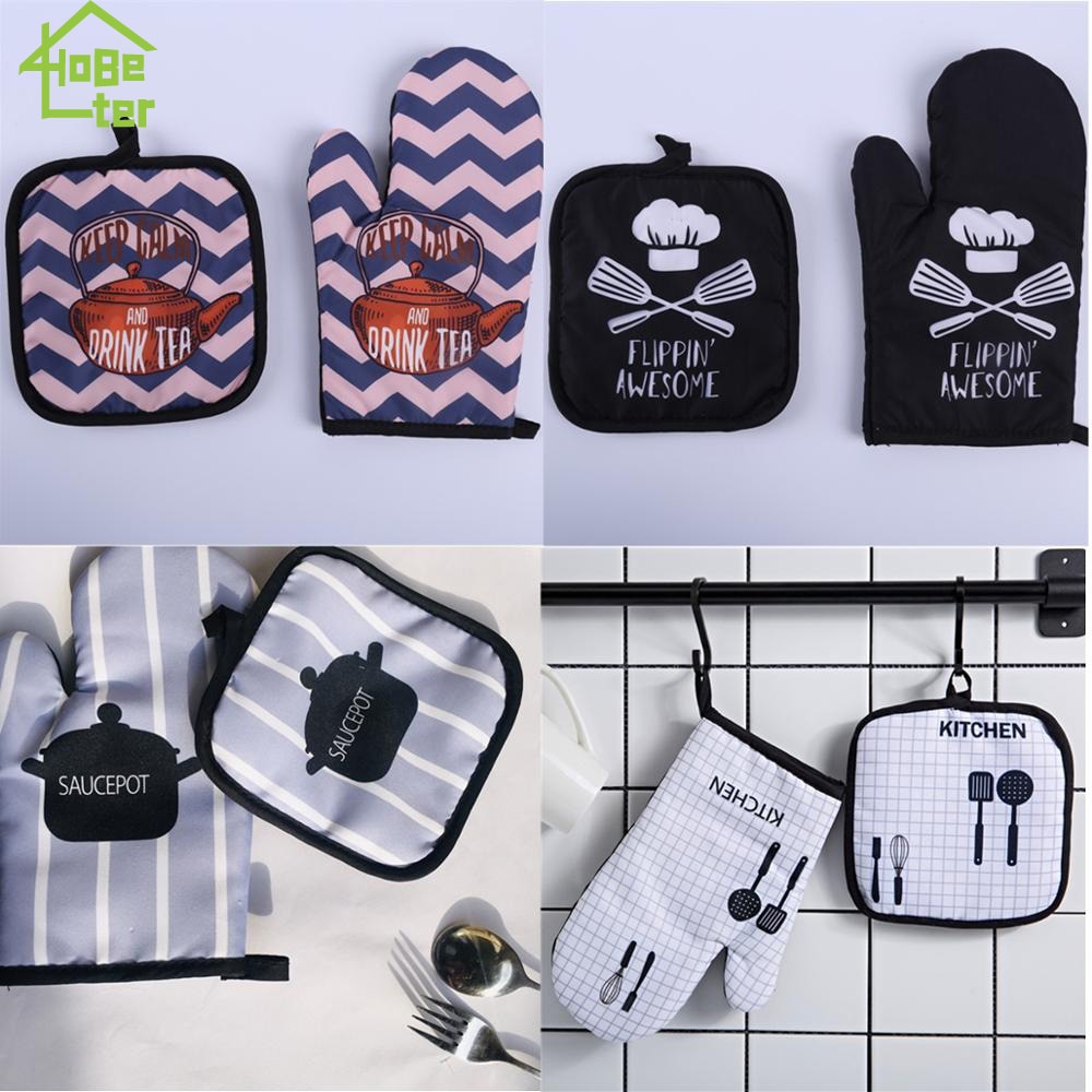 2pc/set Microwave Baking BBQ Glove Cotton Cute Oven Mitts Heat Resistant Linen Potholders Non-slip Kitchen Cooking Tools Mitten