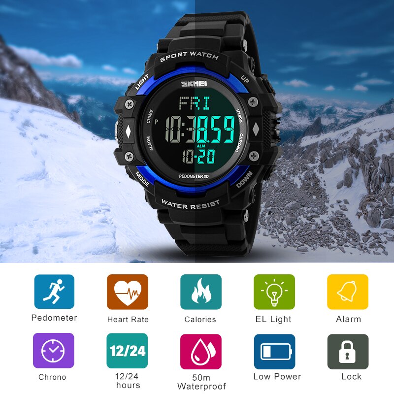 Reloj deportivo SKMEI para hombre, podómetro, Monitor de ritmo cardíaco, contador de calorías, resistente al agua 50M, pantalla LED, reloj Digital para hombre 1180