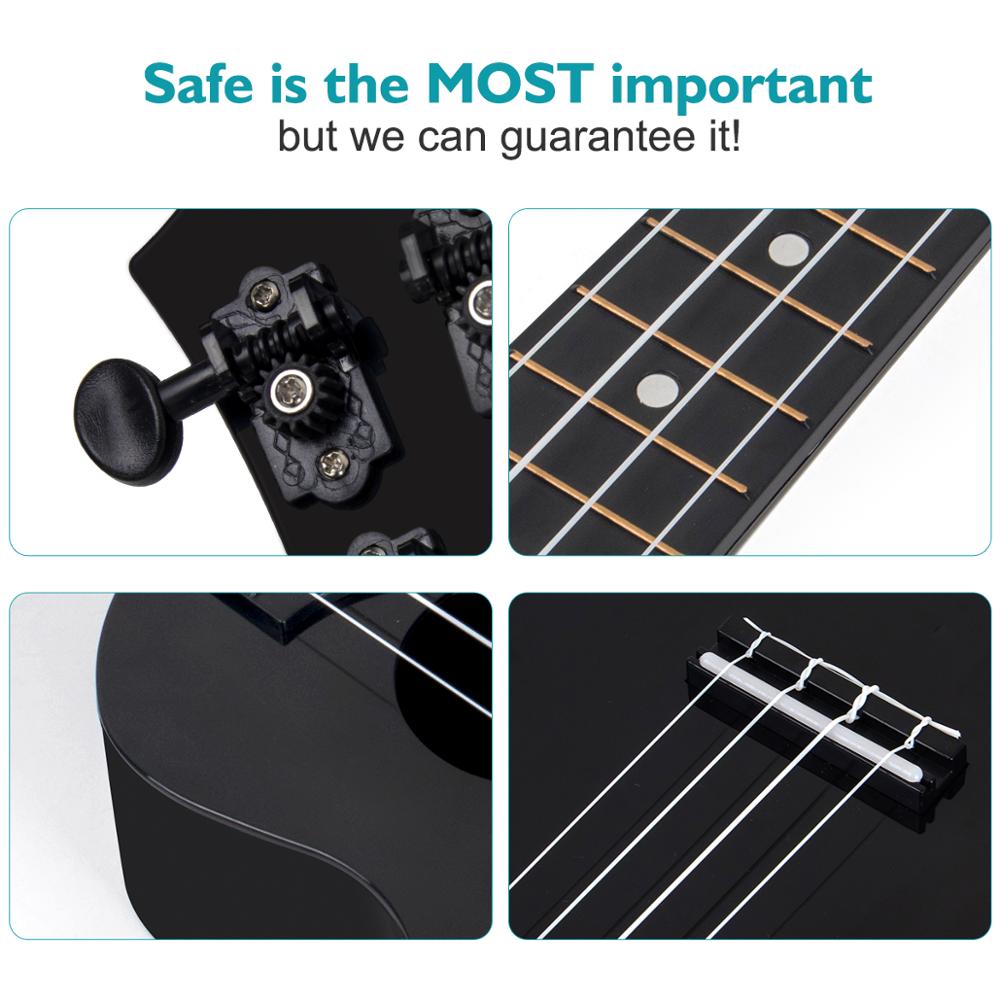 Kmise ukelele Soprano de juguete Musical, instrumentos para niños, 21 pulgadas ABS negro Uke con bolsa, cadena de púas