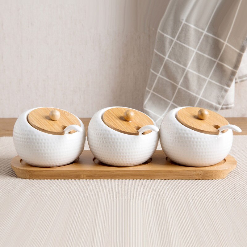 3 uppsättningar med bambu baskeramiska kryddgrytor köksartiklar låda hushållskombination köksmaterial flaska olja salt kruka: 3pc