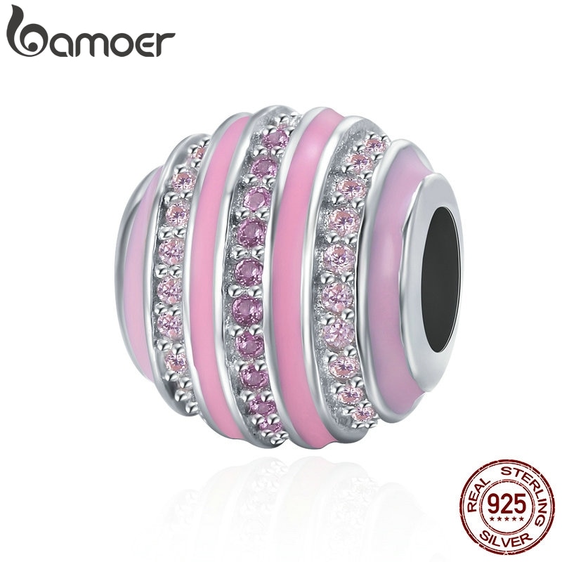 BAMOER, , rueda de cambio Gradual de Plata de Ley 925, esmalte rosa, cuentas de zirconia cúbica transparente aptas para pulseras de dijes para mujeres, joyería DIY SCC344