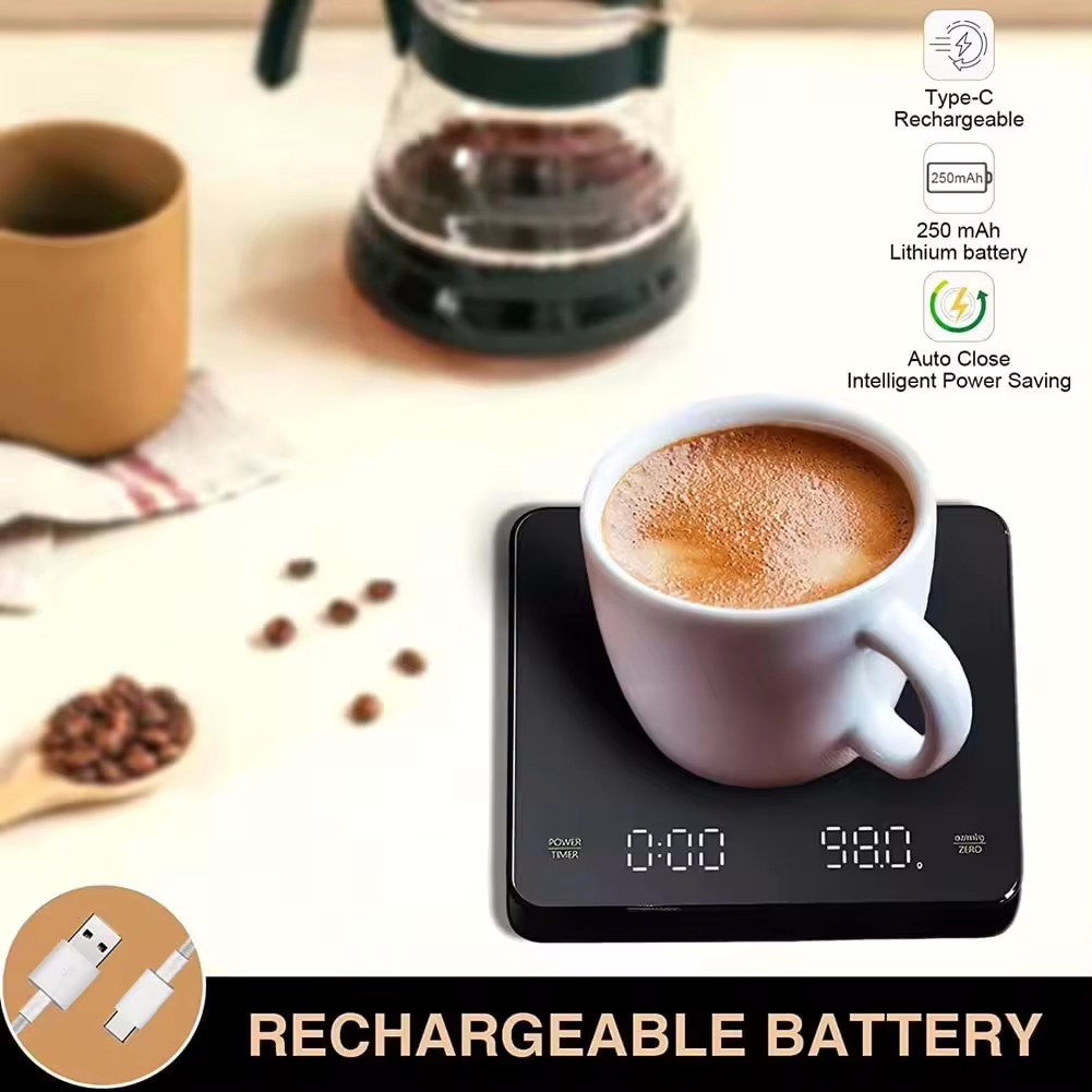 KC2 Digital Rechargeable Coffee Scale with Timer LED Screen Espresso USB 0.1g to 3kg High Accuracy Measuring Kitchen Scale