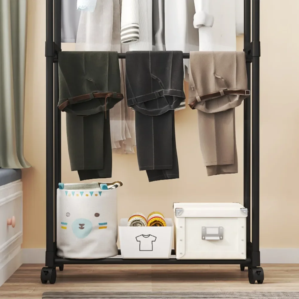 Porte-vêtements Double tige multifonctionnel Portable cintre chambre étagère avec roue étagère rangement porte-vêtements sol mobile manteau
