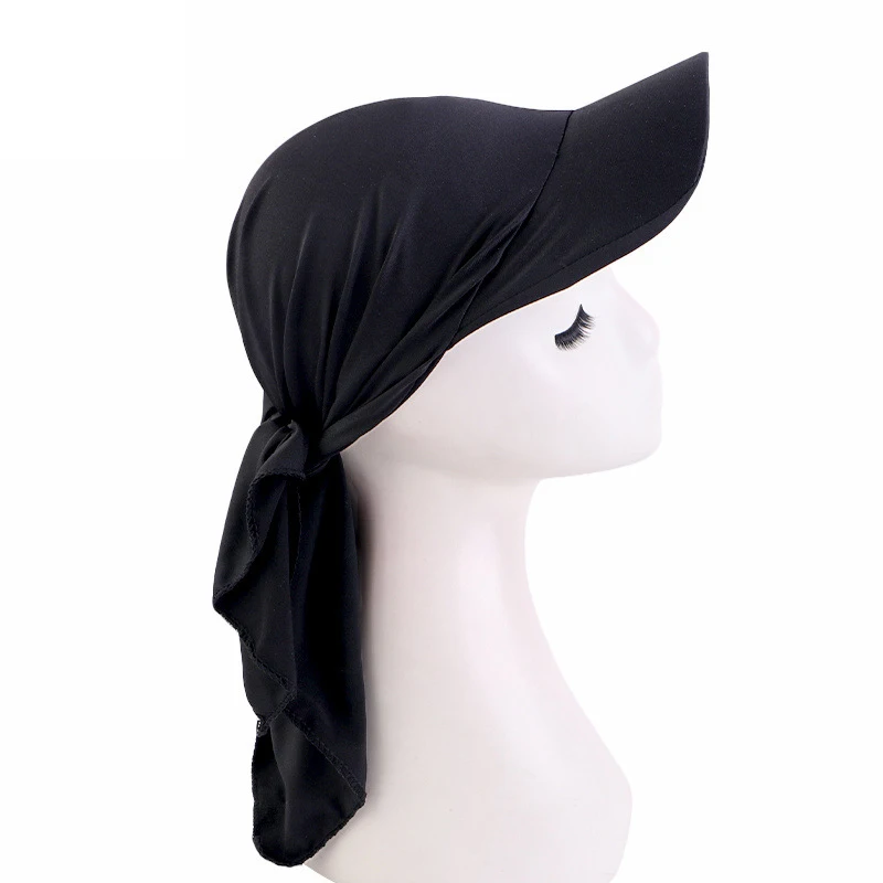 Gorra de ala ancha de verano para mujer, visera para el sol con turbante preatado, gorros Hijab, pañuelo para la cabeza, pañuelos a prueba de viento, sombrero para el sol al aire libre de Color sólido: Negro