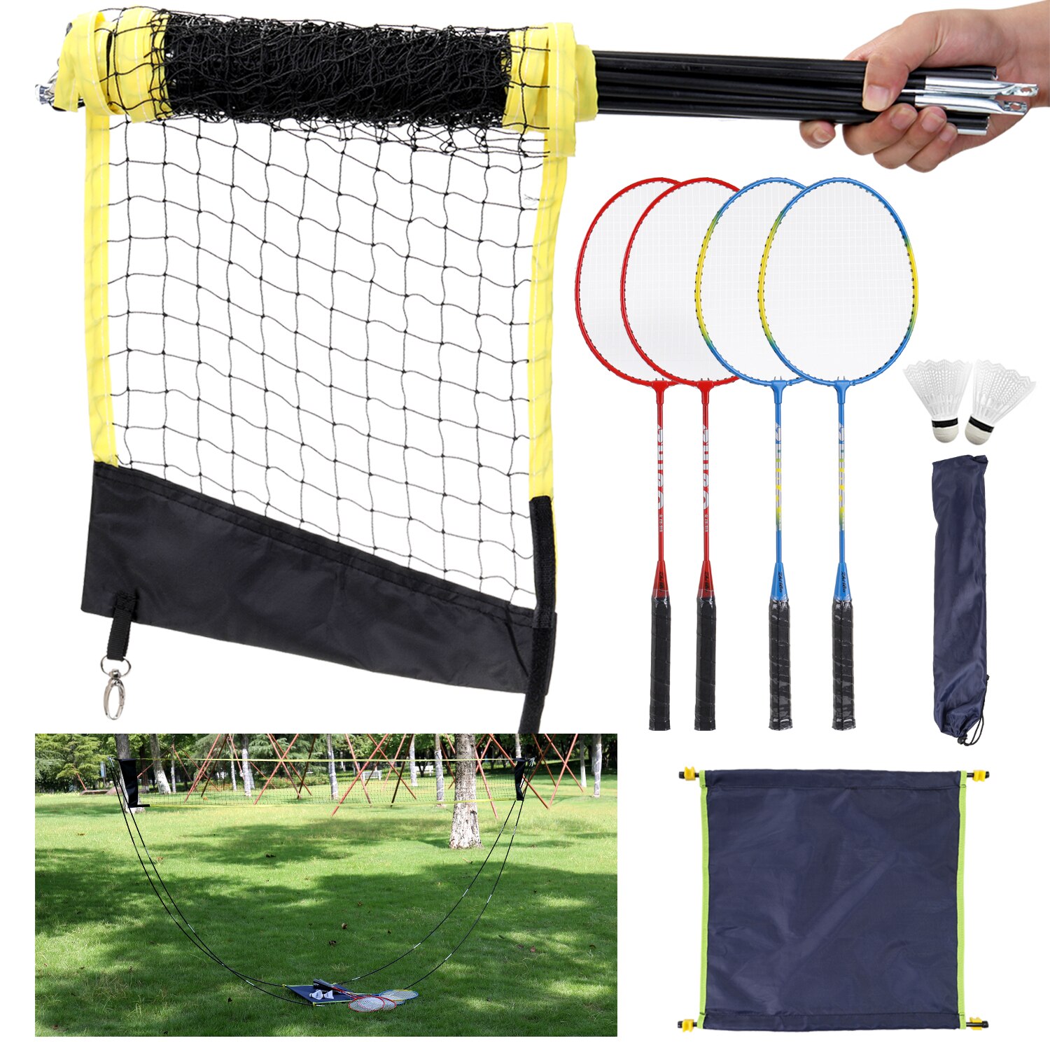 Sport badminton set badminton rackets, birdies, net, verstelbare palen strand of achtertuin combo set games badminton racket set: Set 2