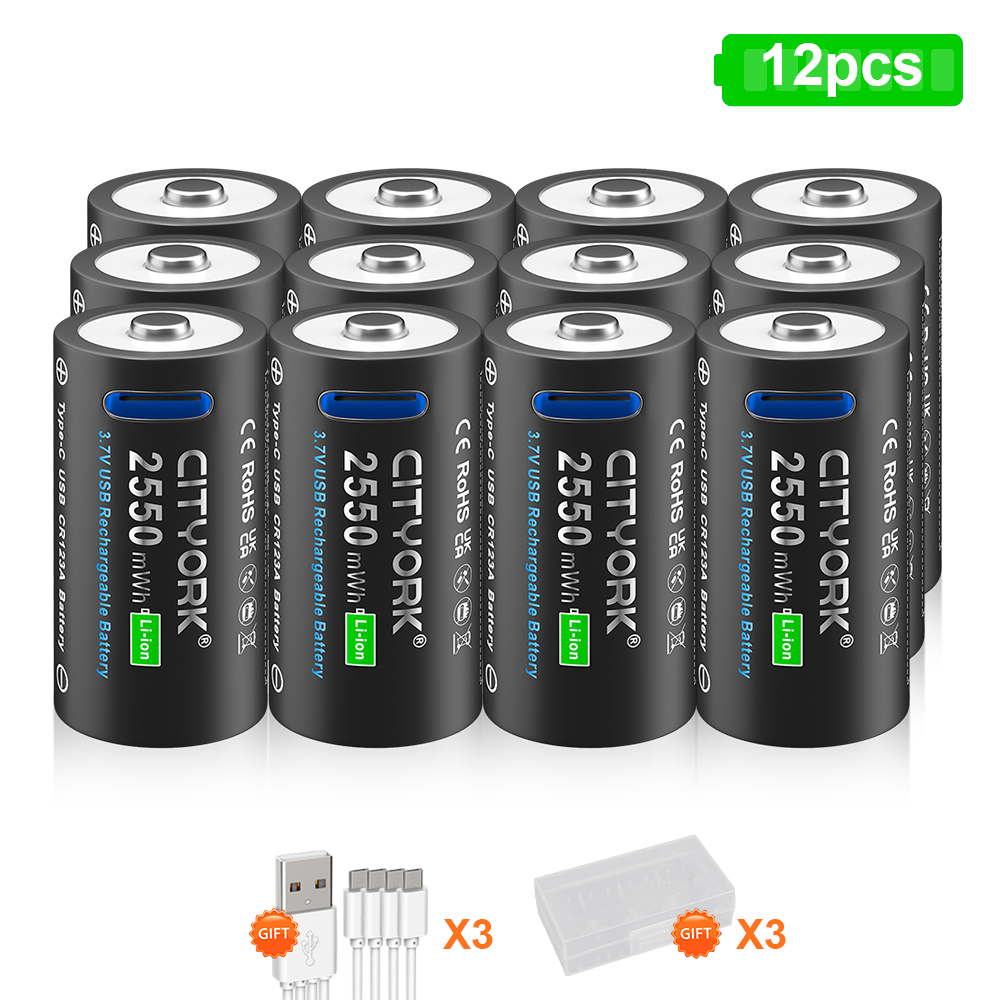 CITYORK CR123A Bateria 2550mWh 3.7V Akumulator Li-ion 16340 Do Latarki LED 16350 RCR123 Bateria + Kabel USB Type-c: YELLOW