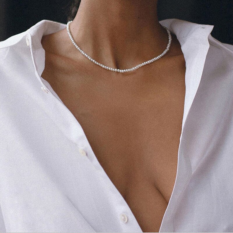 Simple Pearl Beads Chain Choker Necklace Bohemian Statement Clavicle Necklace for Women Collar Pearl Jewelry: OV50668