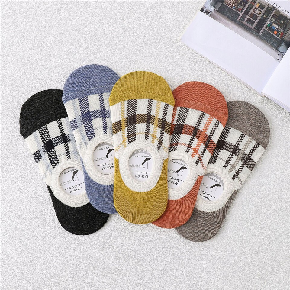 5Pcs Katoen Slipper Plaid Kleur Antislip Onzichtbare Zomer Ademende Comfortabele Sokken Vrouwelijke Boot Sokken Vrouwen Siliconen: Mixed colors