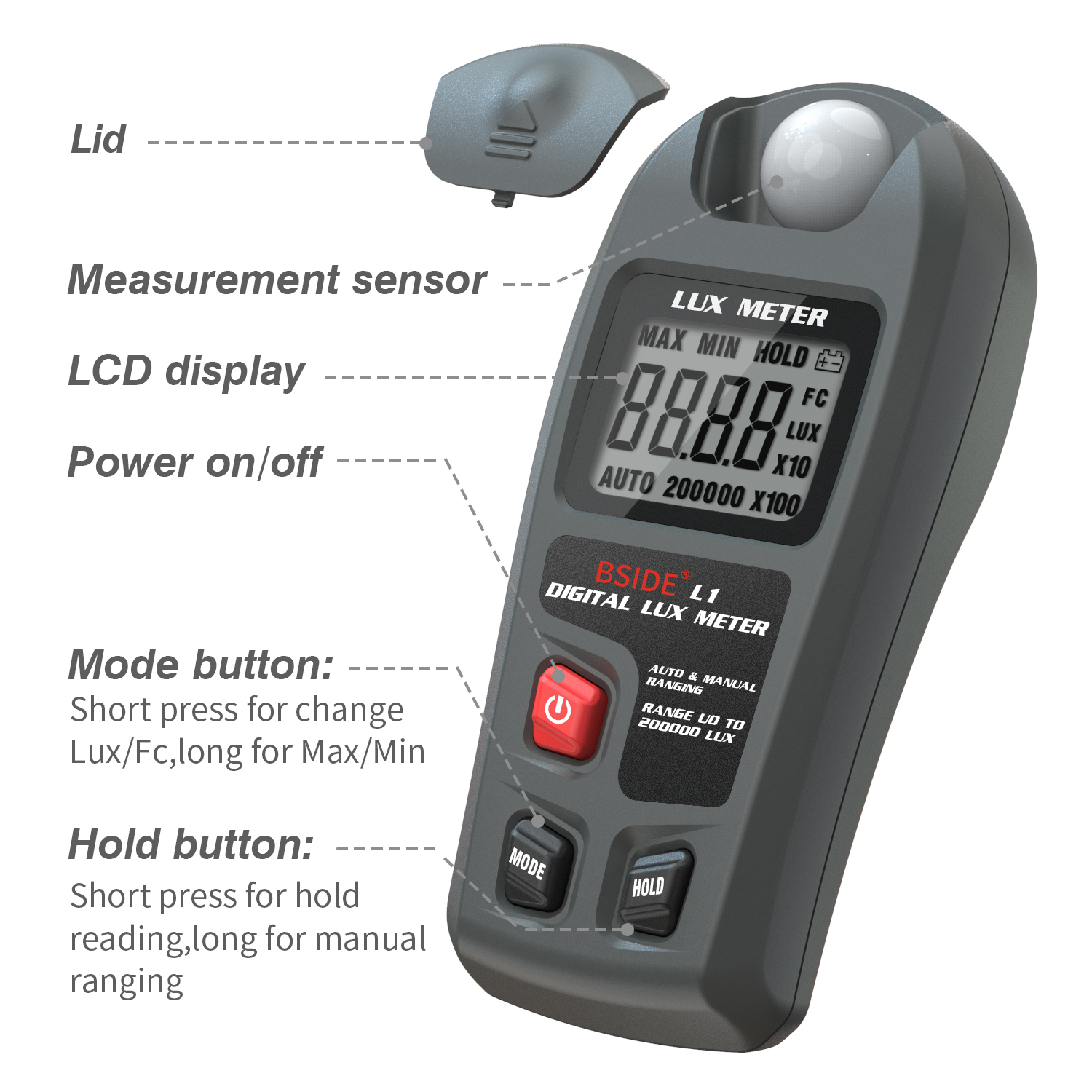 Digitalt display luxmåler på baksiden 0 ~ 200,000 lux lcd-lomme luxmåler lux/fc-tester sensor fotometer belysningsinstrument